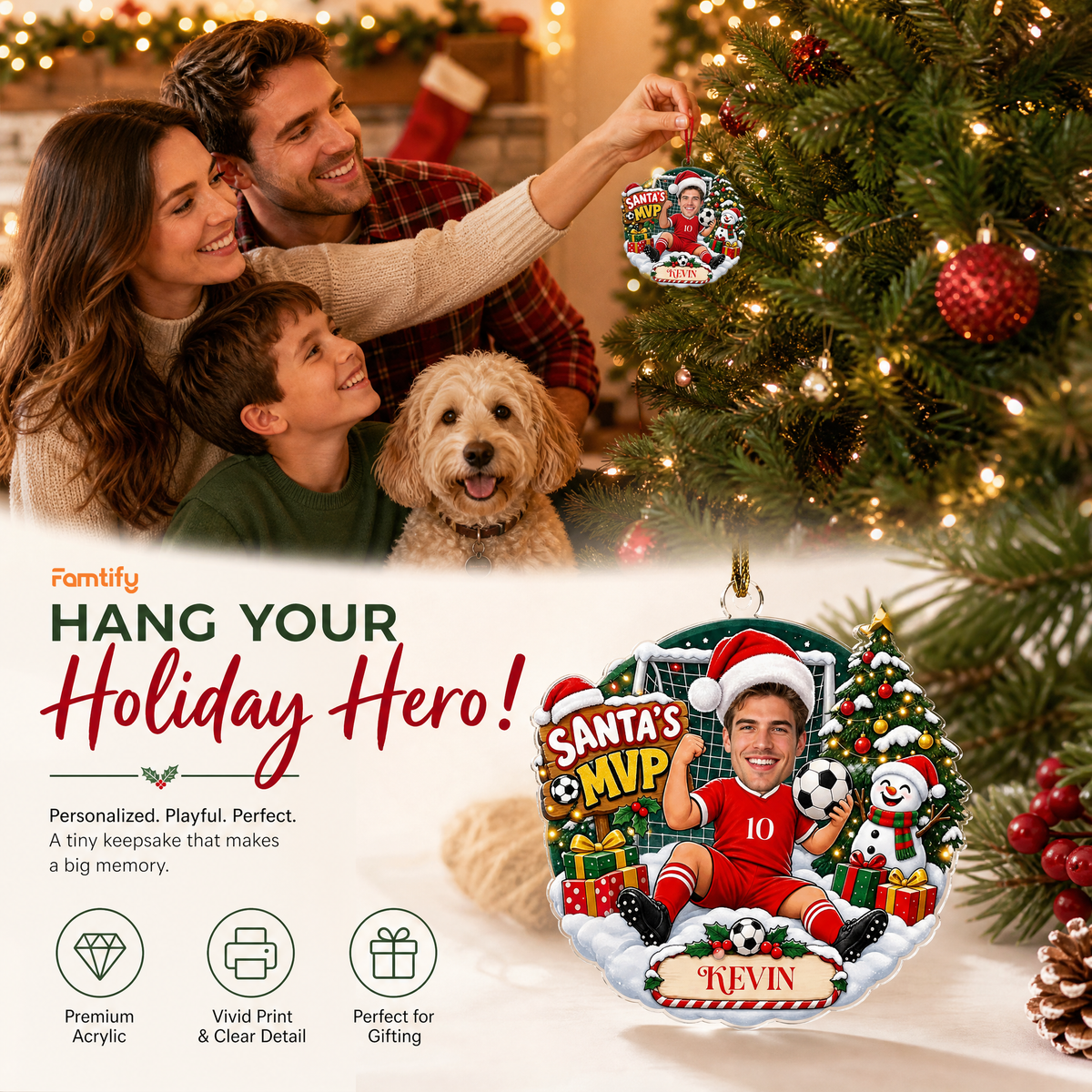 Personalized Santa's MVP Soccer Player Photo Christmas Acrylic Ornament, Custom Name Jersey Soccer Boy Xmas Tree Hanging Decor Keepsake, Sports Holiday Gift
