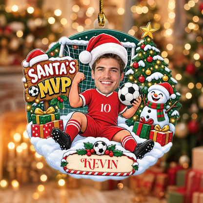 Personalized Santa's MVP Soccer Player Photo Christmas Acrylic Ornament, Custom Name Jersey Soccer Boy Xmas Tree Hanging Decor Keepsake, Sports Holiday Gift