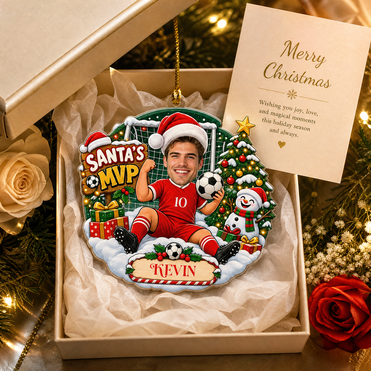 Personalized Santa's MVP Soccer Player Photo Christmas Acrylic Ornament, Custom Name Jersey Soccer Boy Xmas Tree Hanging Decor Keepsake, Sports Holiday Gift