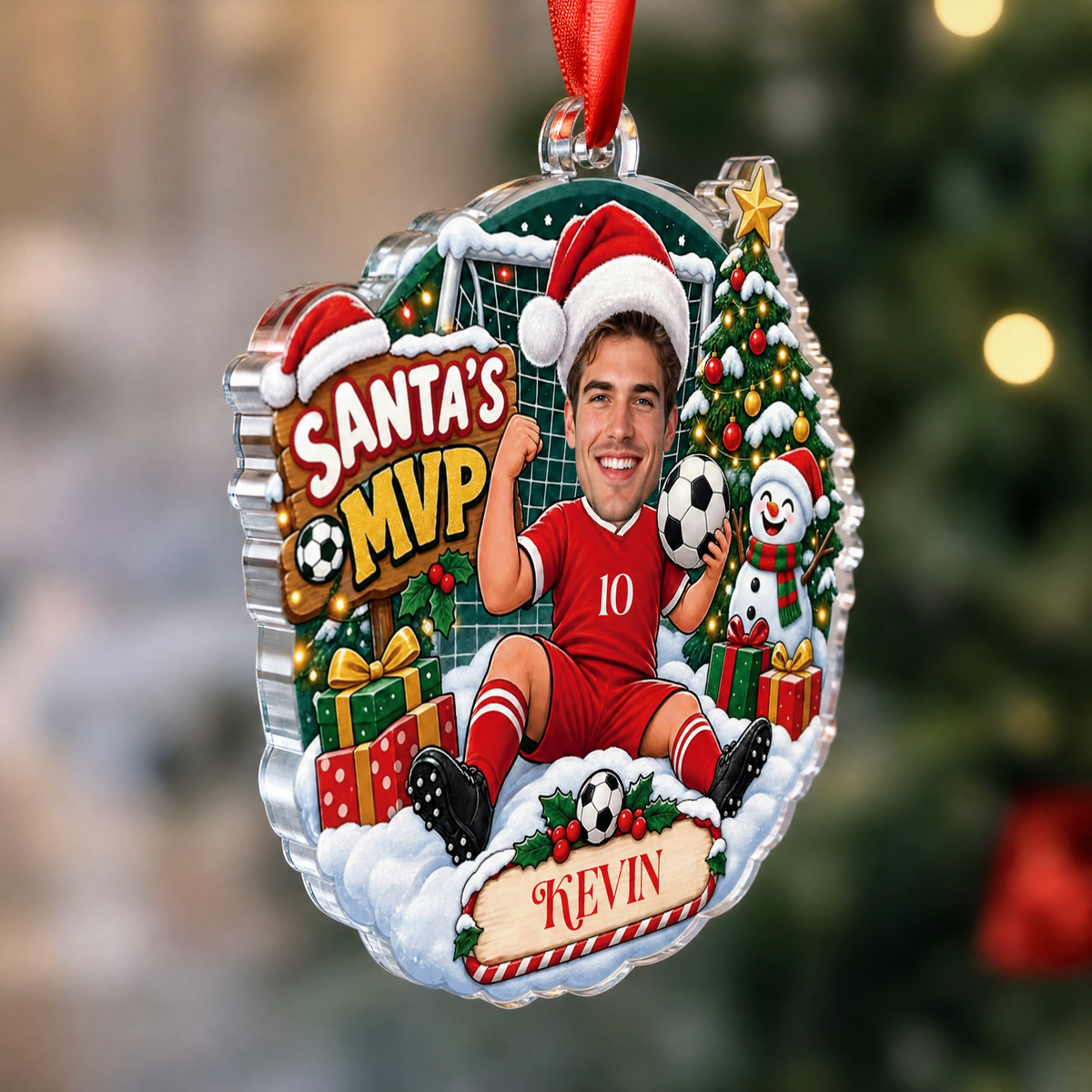 Personalized Santa's MVP Soccer Player Photo Christmas Acrylic Ornament, Custom Name Jersey Soccer Boy Xmas Tree Hanging Decor Keepsake, Sports Holiday Gift