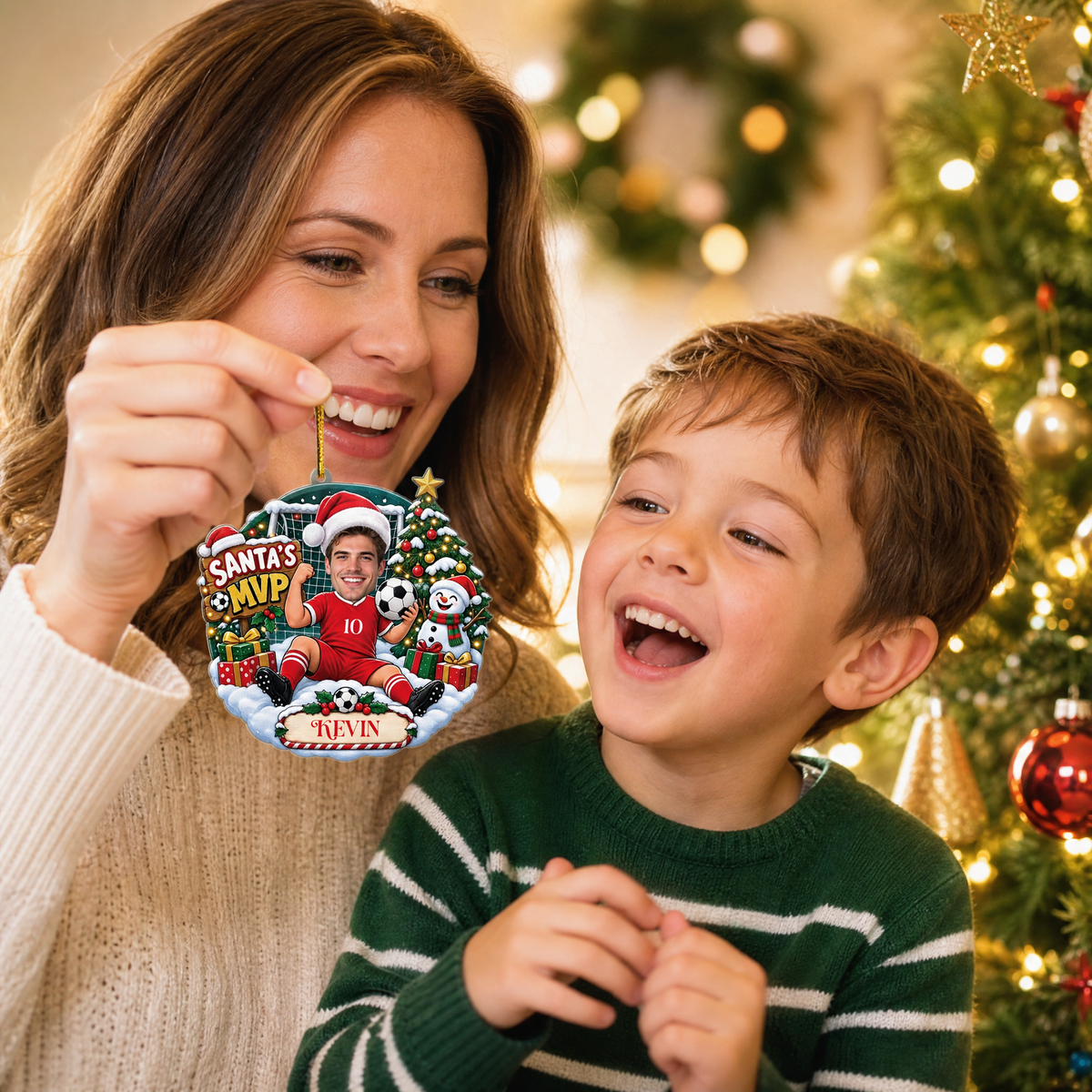 Personalized Santa's MVP Soccer Player Photo Christmas Acrylic Ornament, Custom Name Jersey Soccer Boy Xmas Tree Hanging Decor Keepsake, Sports Holiday Gift