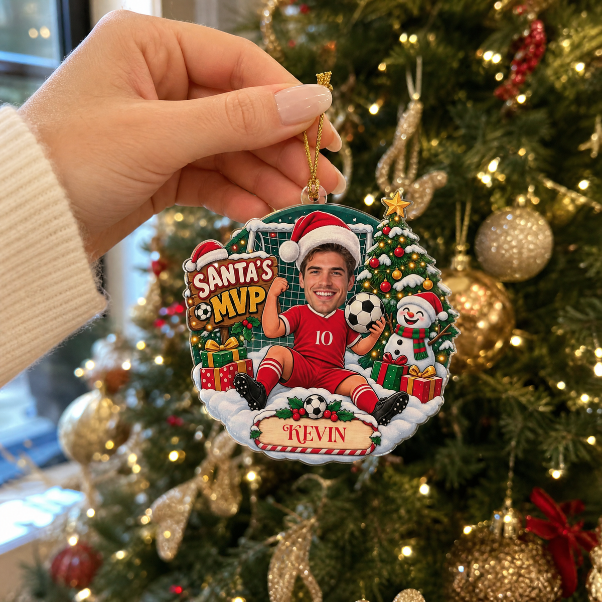 Personalized Santa's MVP Soccer Player Photo Christmas Acrylic Ornament, Custom Name Jersey Soccer Boy Xmas Tree Hanging Decor Keepsake, Sports Holiday Gift