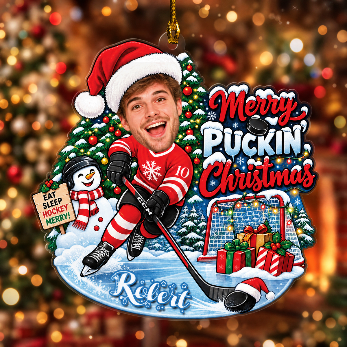 Personalized Merry Puckin' Christmas Hockey Player Photo Acrylic Ornament, Custom Name Jersey Ice Hockey Boy Xmas Tree Hanging Decor Keepsake, Winter Sports Holiday Gift