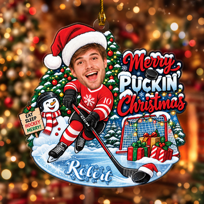 Personalized Merry Puckin' Christmas Hockey Player Photo Acrylic Ornament, Custom Name Jersey Ice Hockey Boy Xmas Tree Hanging Decor Keepsake, Winter Sports Holiday Gift