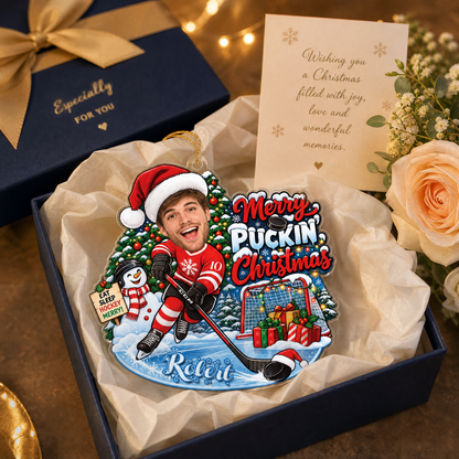 Personalized Merry Puckin' Christmas Hockey Player Photo Acrylic Ornament, Custom Name Jersey Ice Hockey Boy Xmas Tree Hanging Decor Keepsake, Winter Sports Holiday Gift