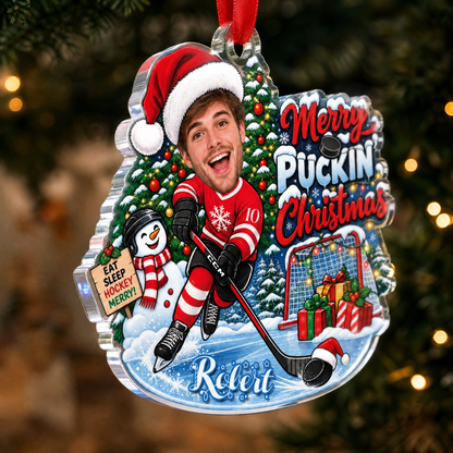 Personalized Merry Puckin' Christmas Hockey Player Photo Acrylic Ornament, Custom Name Jersey Ice Hockey Boy Xmas Tree Hanging Decor Keepsake, Winter Sports Holiday Gift