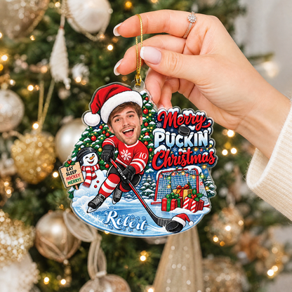Personalized Merry Puckin' Christmas Hockey Player Photo Acrylic Ornament, Custom Name Jersey Ice Hockey Boy Xmas Tree Hanging Decor Keepsake, Winter Sports Holiday Gift