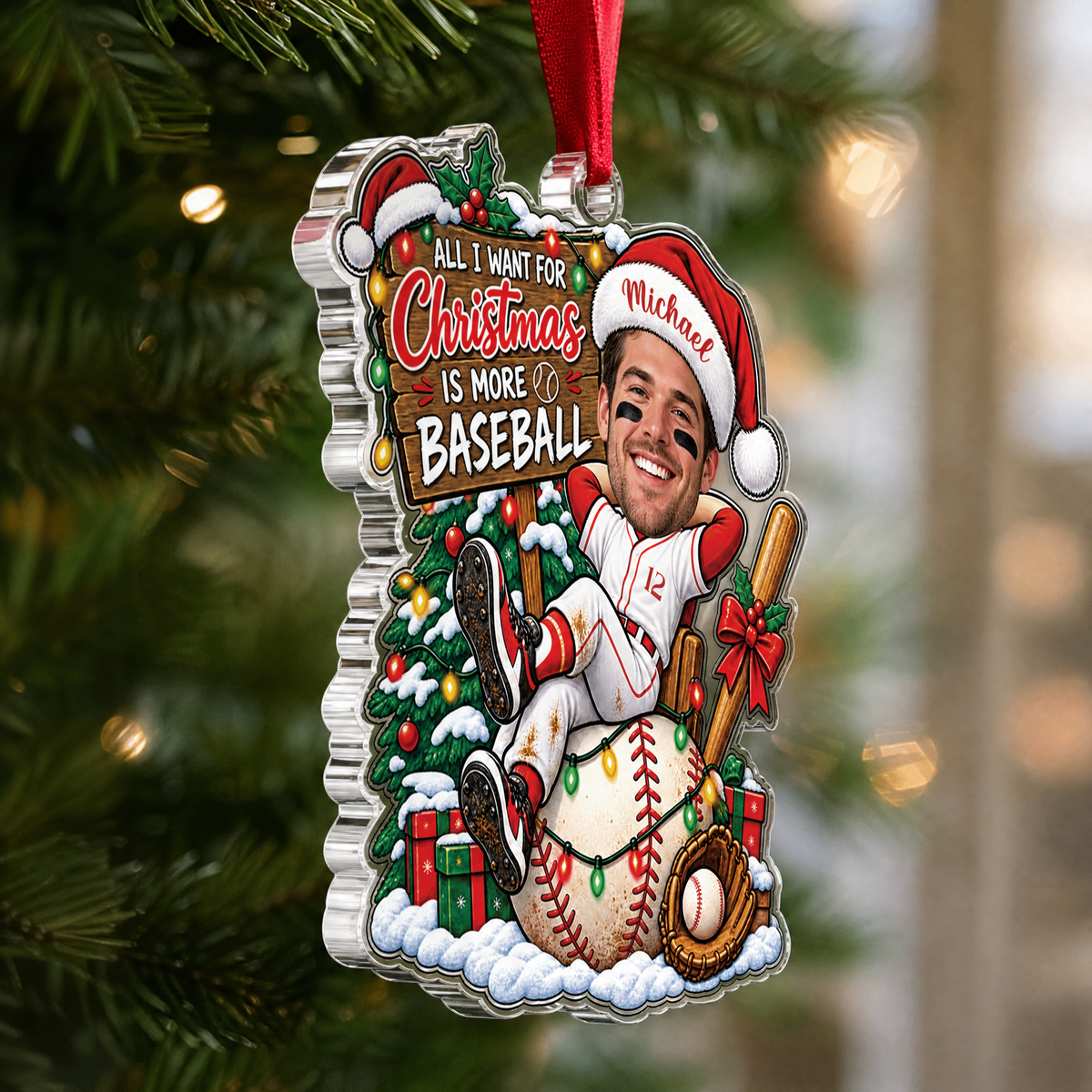 Personalized All I Want For Christmas Is More Baseball Player Photo Acrylic Ornament, Custom Name Jersey Baseball Boy Xmas Tree Hanging Decor Keepsake, Sports Holiday Gift