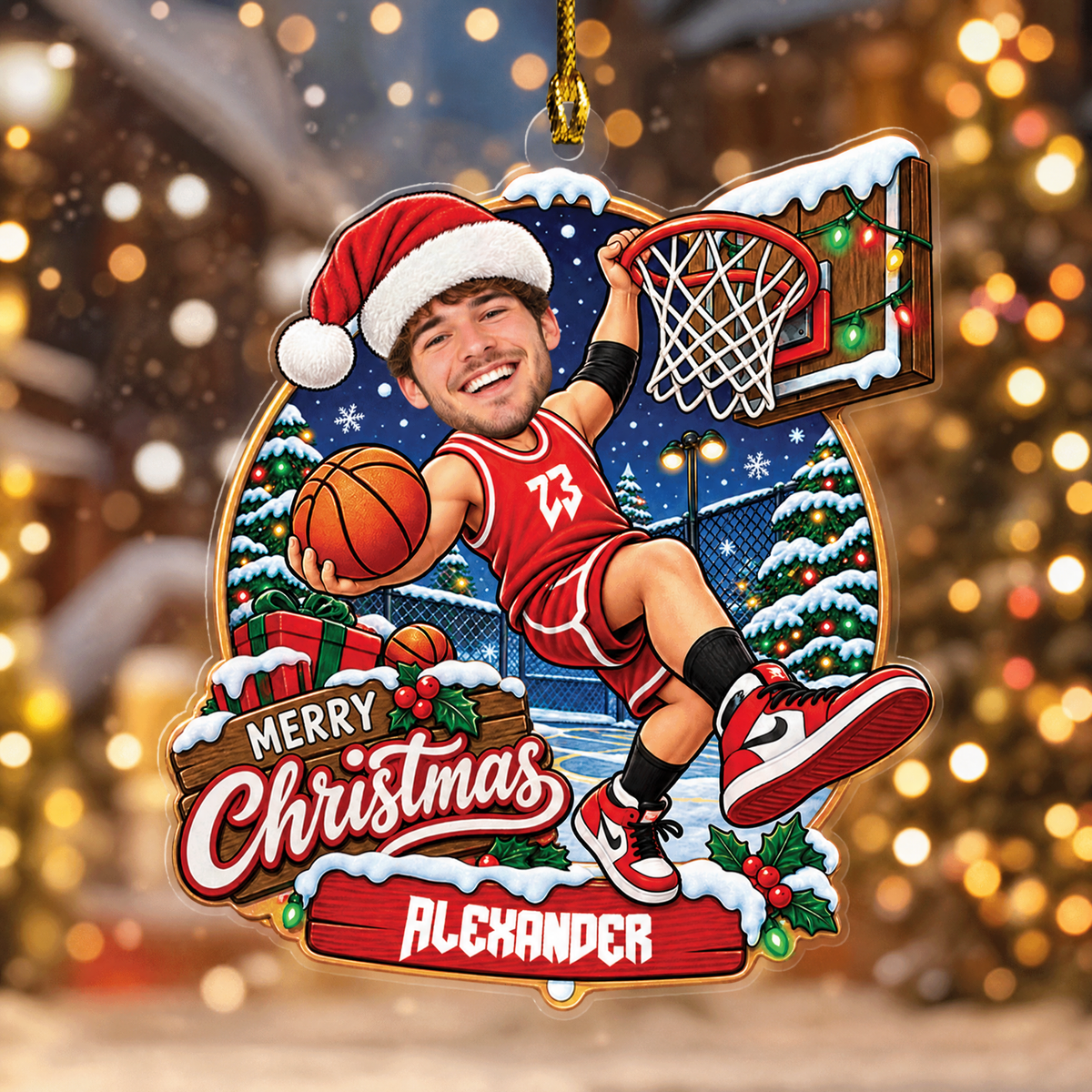 Personalized Merry Christmas Basketball Player Photo Acrylic Ornament, Custom Name Jersey Basketball Boy Xmas Tree Hanging Decor Keepsake, Sports Holiday Gift