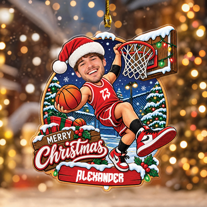 Personalized Merry Christmas Basketball Player Photo Acrylic Ornament, Custom Name Jersey Basketball Boy Xmas Tree Hanging Decor Keepsake, Sports Holiday Gift