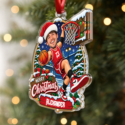 Personalized Merry Christmas Basketball Player Photo Acrylic Ornament, Custom Name Jersey Basketball Boy Xmas Tree Hanging Decor Keepsake, Sports Holiday Gift