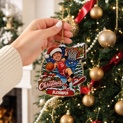 Personalized Merry Christmas Basketball Player Photo Acrylic Ornament, Custom Name Jersey Basketball Boy Xmas Tree Hanging Decor Keepsake, Sports Holiday Gift