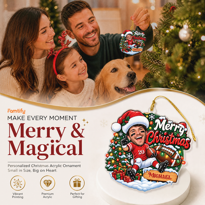 Personalized Merry Christmas Football Player Photo Acrylic Ornament, Custom Name Jersey American Football Boy Xmas Tree Hanging Decor Keepsake, Sports Holiday Gift