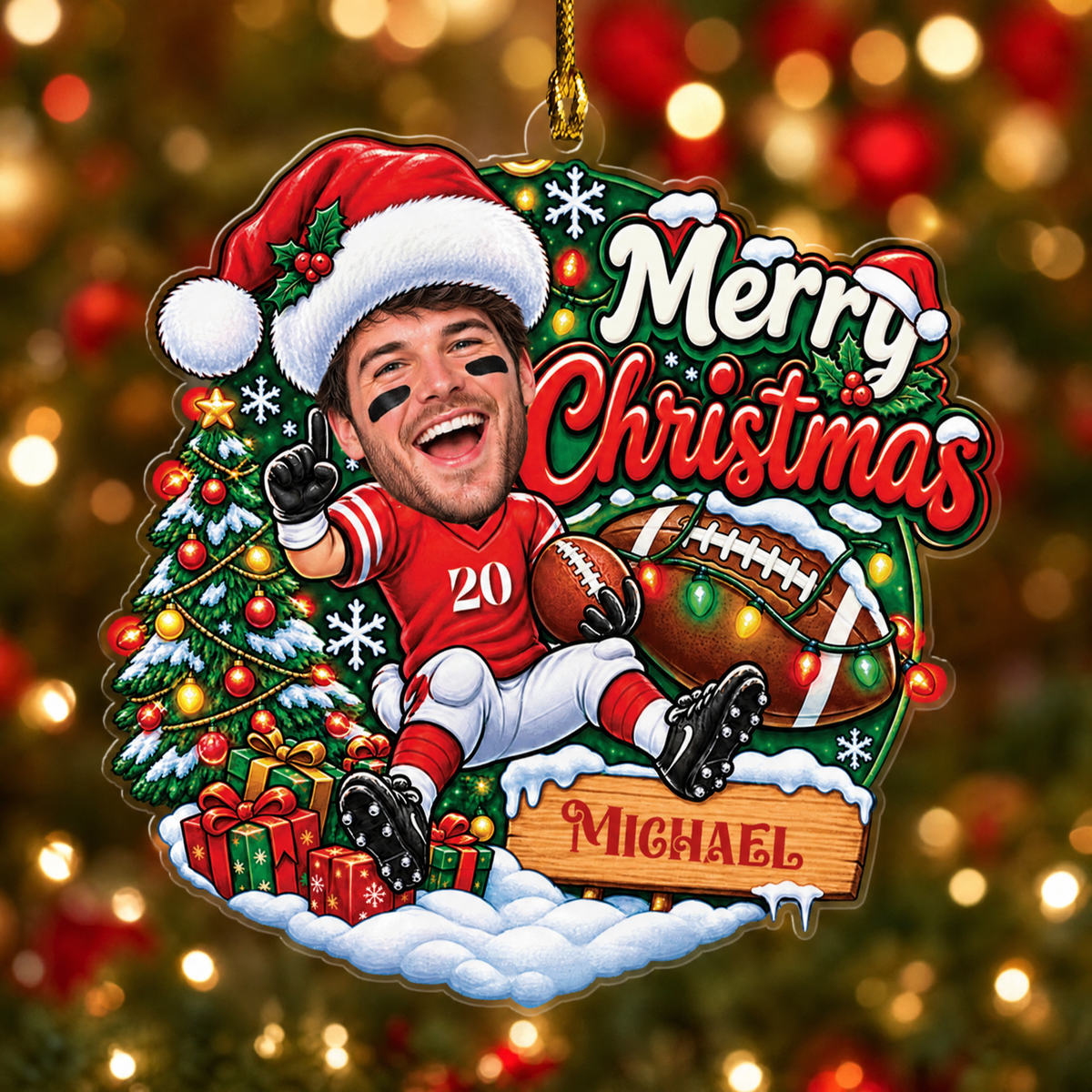 Personalized Merry Christmas Football Player Photo Acrylic Ornament, Custom Name Jersey American Football Boy Xmas Tree Hanging Decor Keepsake, Sports Holiday Gift
