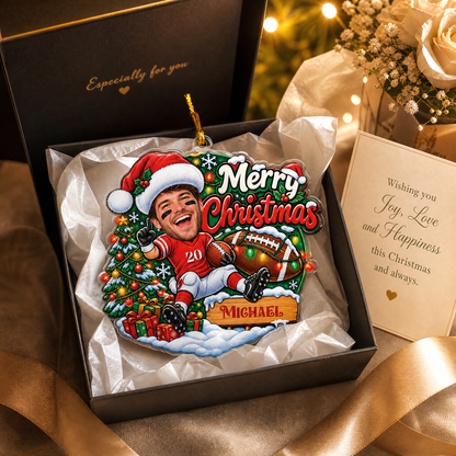Personalized Merry Christmas Football Player Photo Acrylic Ornament, Custom Name Jersey American Football Boy Xmas Tree Hanging Decor Keepsake, Sports Holiday Gift