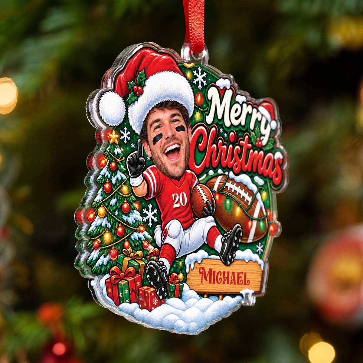 Personalized Merry Christmas Football Player Photo Acrylic Ornament, Custom Name Jersey American Football Boy Xmas Tree Hanging Decor Keepsake, Sports Holiday Gift