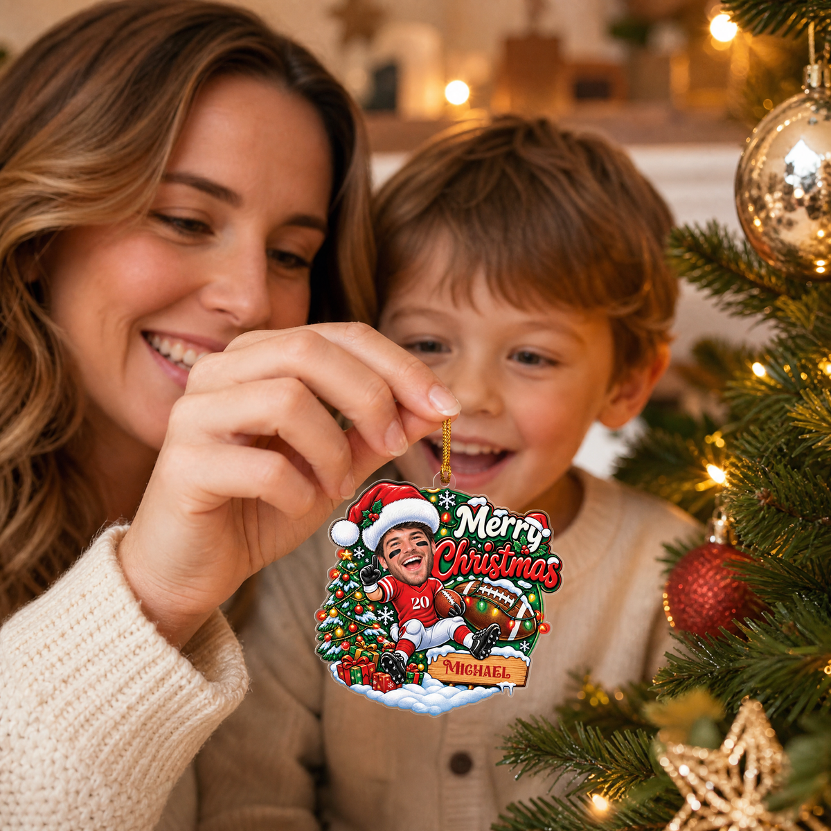 Personalized Merry Christmas Football Player Photo Acrylic Ornament, Custom Name Jersey American Football Boy Xmas Tree Hanging Decor Keepsake, Sports Holiday Gift