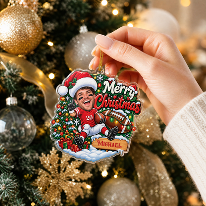 Personalized Merry Christmas Football Player Photo Acrylic Ornament, Custom Name Jersey American Football Boy Xmas Tree Hanging Decor Keepsake, Sports Holiday Gift