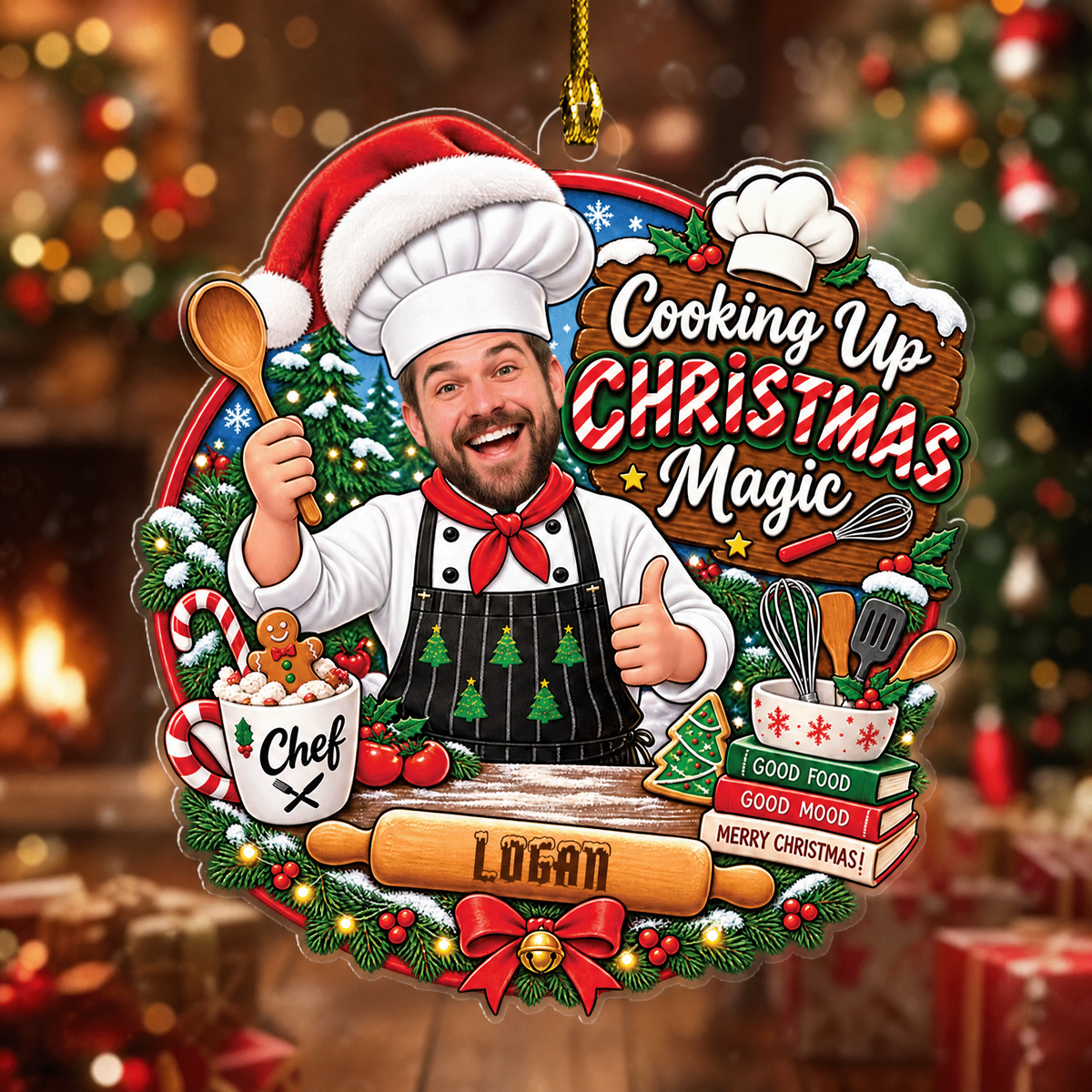 Personalized Cooking Up Christmas Magic Chef Photo Acrylic Ornament, Custom Name Kitchen Baker Cook Xmas Tree Hanging Decor Keepsake, Culinary Holiday Gift