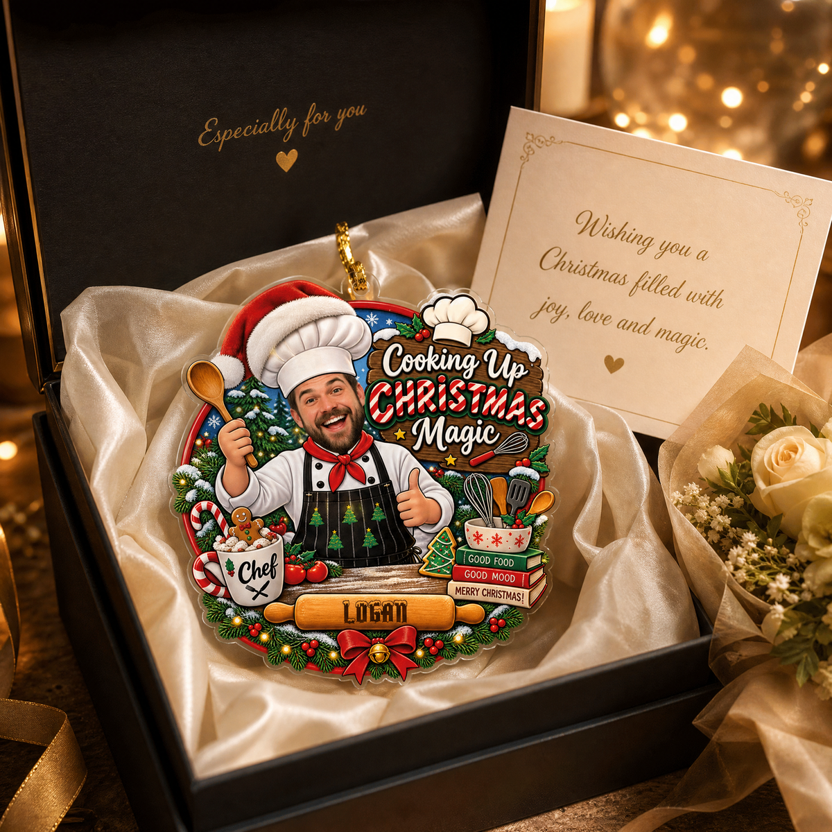 Personalized Cooking Up Christmas Magic Chef Photo Acrylic Ornament, Custom Name Kitchen Baker Cook Xmas Tree Hanging Decor Keepsake, Culinary Holiday Gift