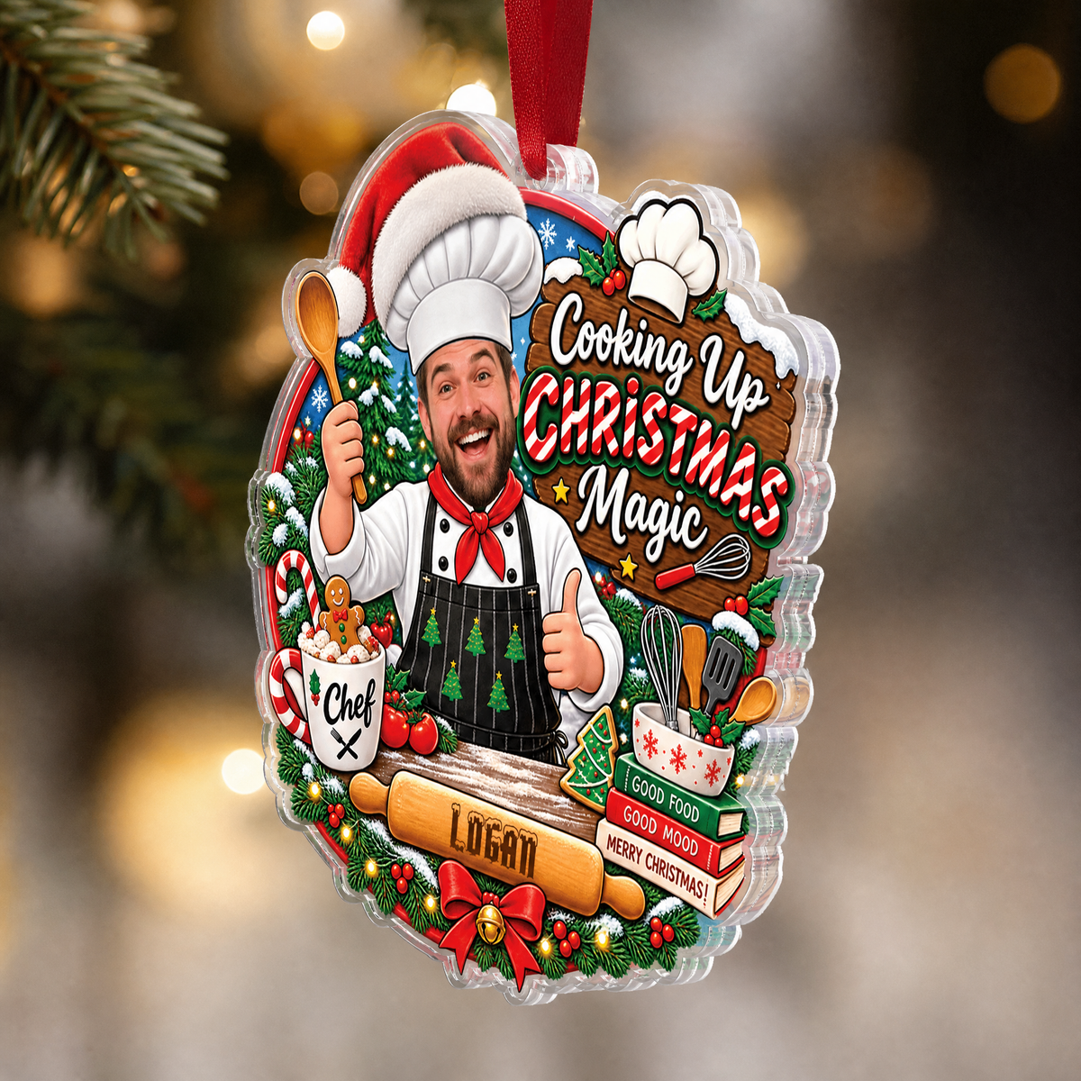 Personalized Cooking Up Christmas Magic Chef Photo Acrylic Ornament, Custom Name Kitchen Baker Cook Xmas Tree Hanging Decor Keepsake, Culinary Holiday Gift