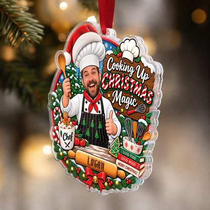 Personalized Cooking Up Christmas Magic Chef Photo Acrylic Ornament, Custom Name Kitchen Baker Cook Xmas Tree Hanging Decor Keepsake, Culinary Holiday Gift