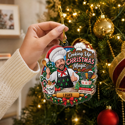 Personalized Cooking Up Christmas Magic Chef Photo Acrylic Ornament, Custom Name Kitchen Baker Cook Xmas Tree Hanging Decor Keepsake, Culinary Holiday Gift