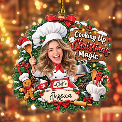 Personalized Cooking Up Christmas Magic Female Chef Photo Acrylic Ornament, Custom Name Kitchen Baker Cook Woman Xmas Tree Hanging Decor Keepsake, Culinary Holiday Gift