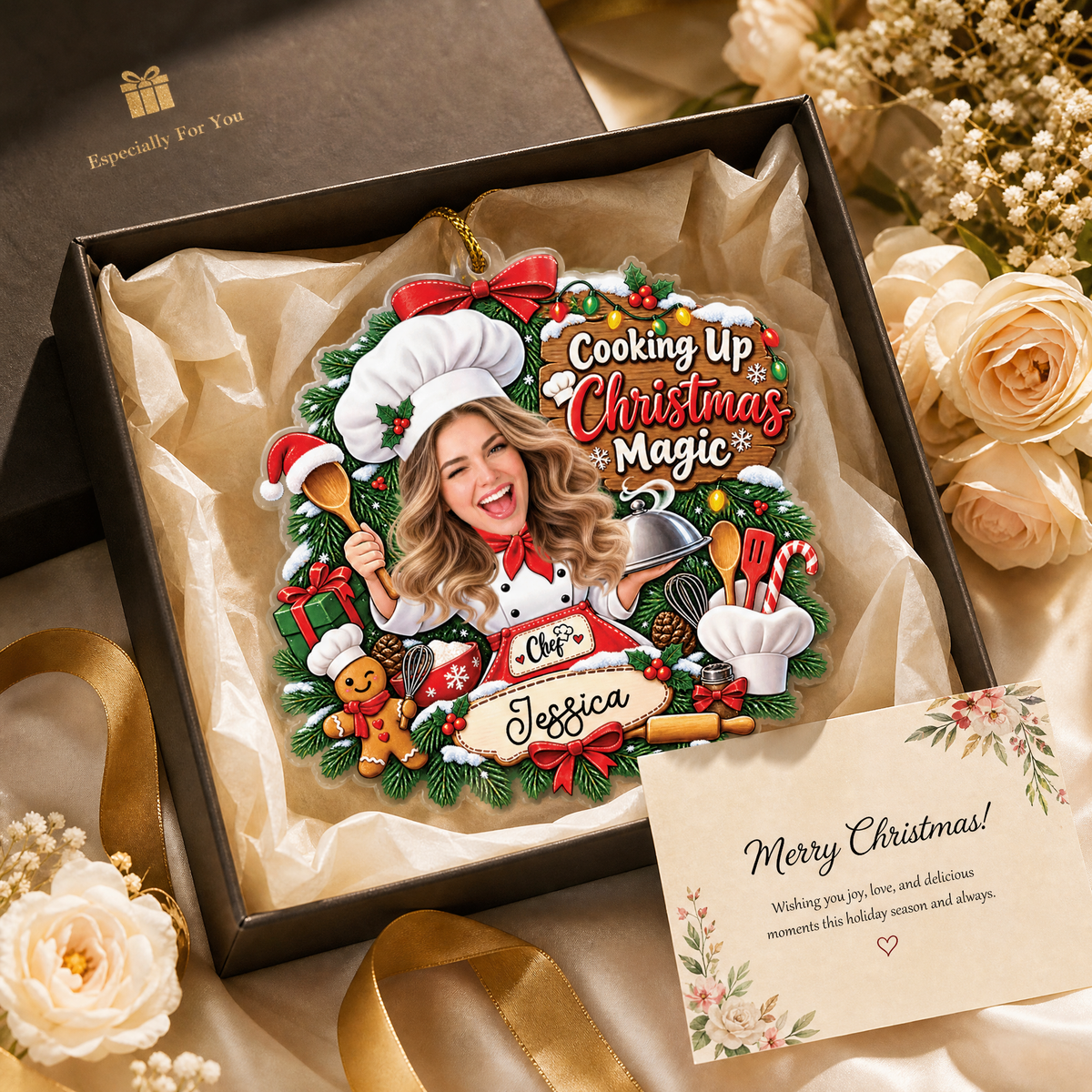 Personalized Cooking Up Christmas Magic Female Chef Photo Acrylic Ornament, Custom Name Kitchen Baker Cook Woman Xmas Tree Hanging Decor Keepsake, Culinary Holiday Gift