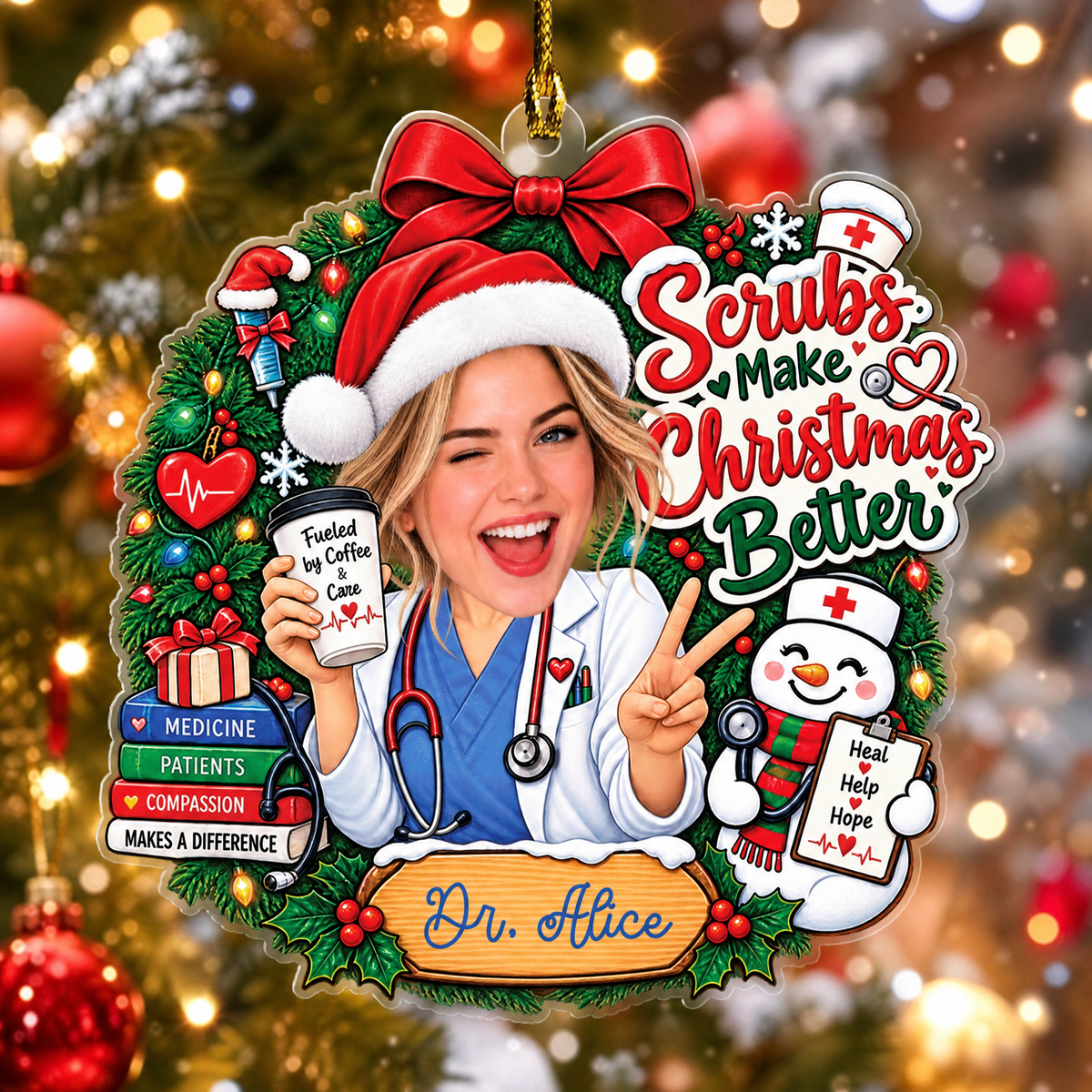 Personalized Scrubs Make Christmas Better Medical Photo Acrylic Ornament, Custom Name Doctor Nurse Medical Assistant Xmas Tree Hanging Decor Keepsake, Healthcare Holiday Gift