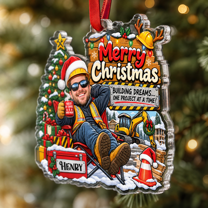 Personalized Building Dreams Construction Worker Photo Acrylic Ornament, Custom Name Engineer Carpenter Builder Xmas Tree Hanging Decor Keepsake, Construction Holiday Gift