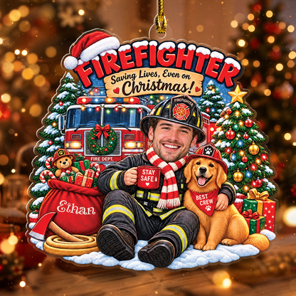 Personalized Firefighter Saving Lives Even On Christmas Photo Acrylic Ornament, Custom Name Fire Chief Fire Truck Dog Xmas Tree Hanging Decor Keepsake, Hero Holiday Gift
