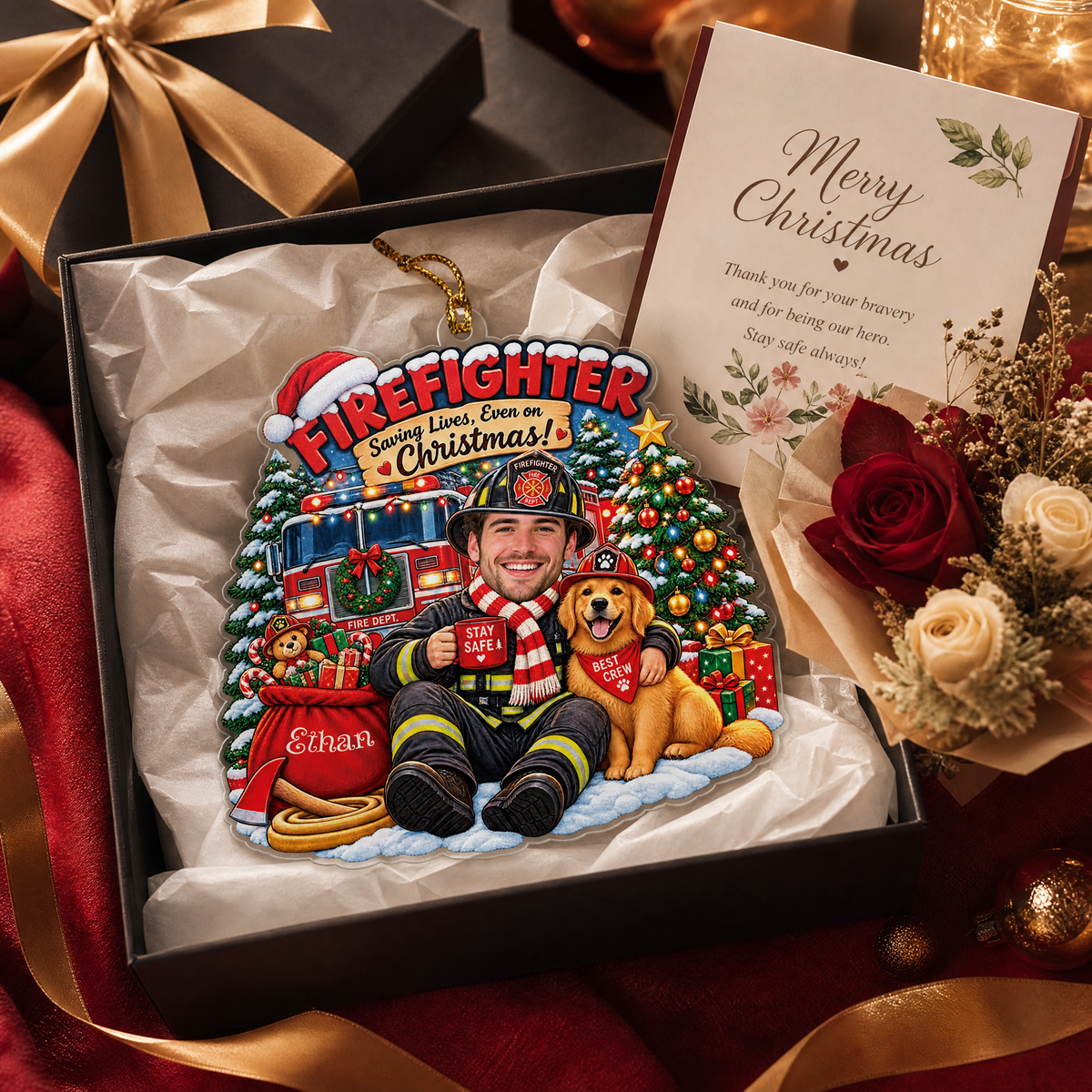 Personalized Firefighter Saving Lives Even On Christmas Photo Acrylic Ornament, Custom Name Fire Chief Fire Truck Dog Xmas Tree Hanging Decor Keepsake, Hero Holiday Gift