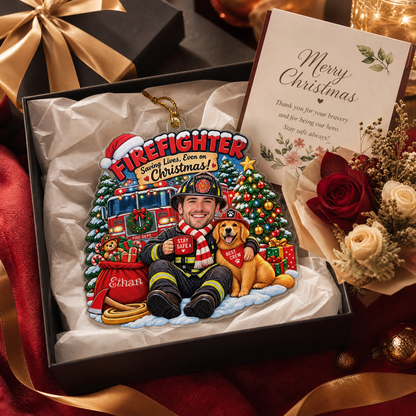 Personalized Firefighter Saving Lives Even On Christmas Photo Acrylic Ornament, Custom Name Fire Chief Fire Truck Dog Xmas Tree Hanging Decor Keepsake, Hero Holiday Gift