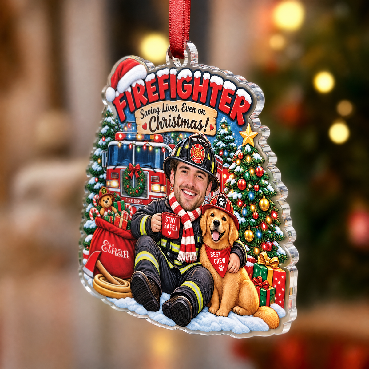 Personalized Firefighter Saving Lives Even On Christmas Photo Acrylic Ornament, Custom Name Fire Chief Fire Truck Dog Xmas Tree Hanging Decor Keepsake, Hero Holiday Gift