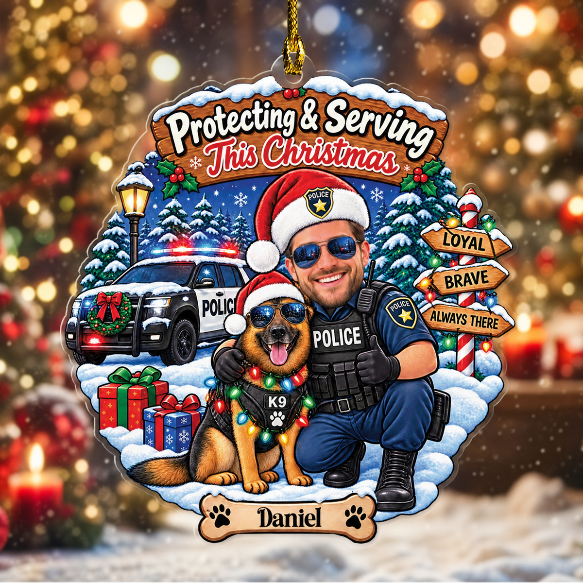 Personalized Protecting & Serving This Christmas Police Officer Photo Acrylic Ornament, Custom Name K9 Unit Police Car Xmas Tree Hanging Decor Keepsake, Law Enforcement Holiday Gift