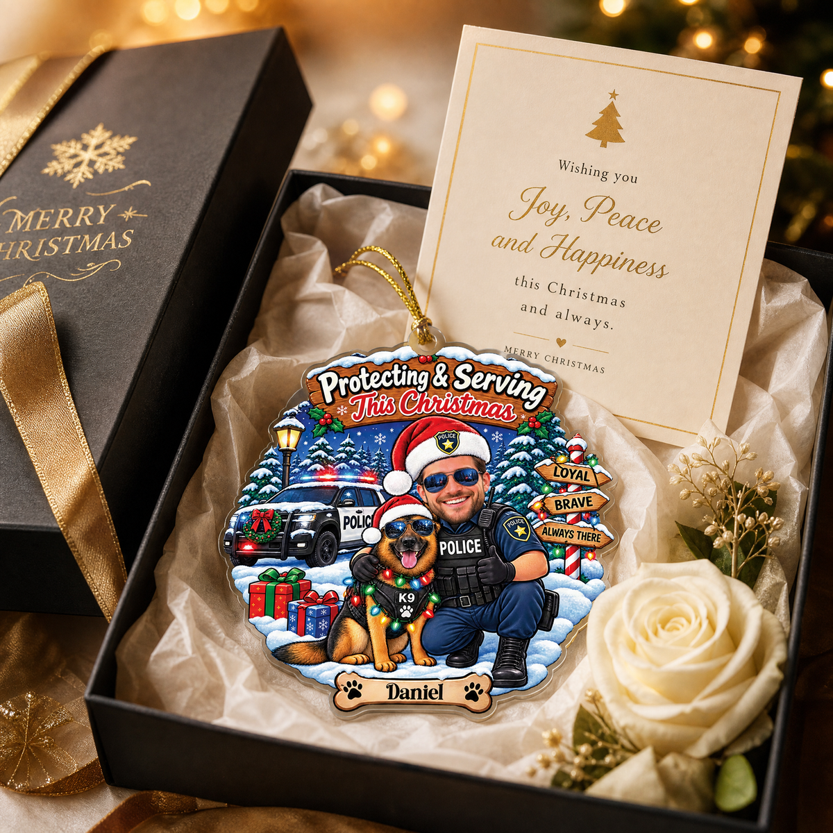 Personalized Protecting & Serving This Christmas Police Officer Photo Acrylic Ornament, Custom Name K9 Unit Police Car Xmas Tree Hanging Decor Keepsake, Law Enforcement Holiday Gift