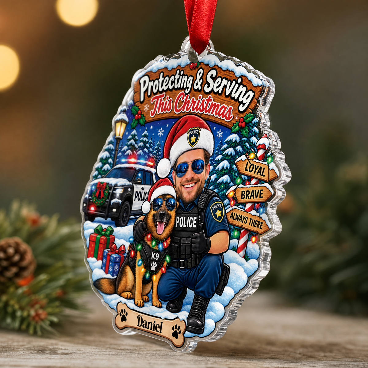 Personalized Protecting & Serving This Christmas Police Officer Photo Acrylic Ornament, Custom Name K9 Unit Police Car Xmas Tree Hanging Decor Keepsake, Law Enforcement Holiday Gift