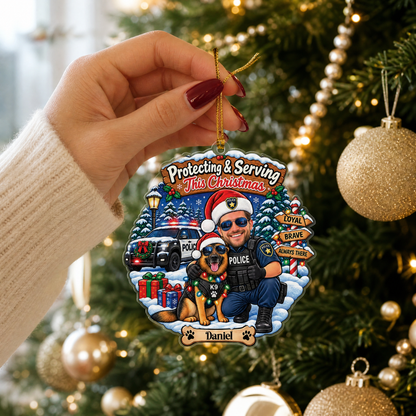 Personalized Protecting & Serving This Christmas Police Officer Photo Acrylic Ornament, Custom Name K9 Unit Police Car Xmas Tree Hanging Decor Keepsake, Law Enforcement Holiday Gift