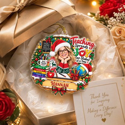 Personalized Teaching Spreads Joy Teacher Photo Acrylic Ornament, Custom Name School Educator Xmas Tree Hanging Decor Keepsake, Teacher Appreciation Holiday Gift