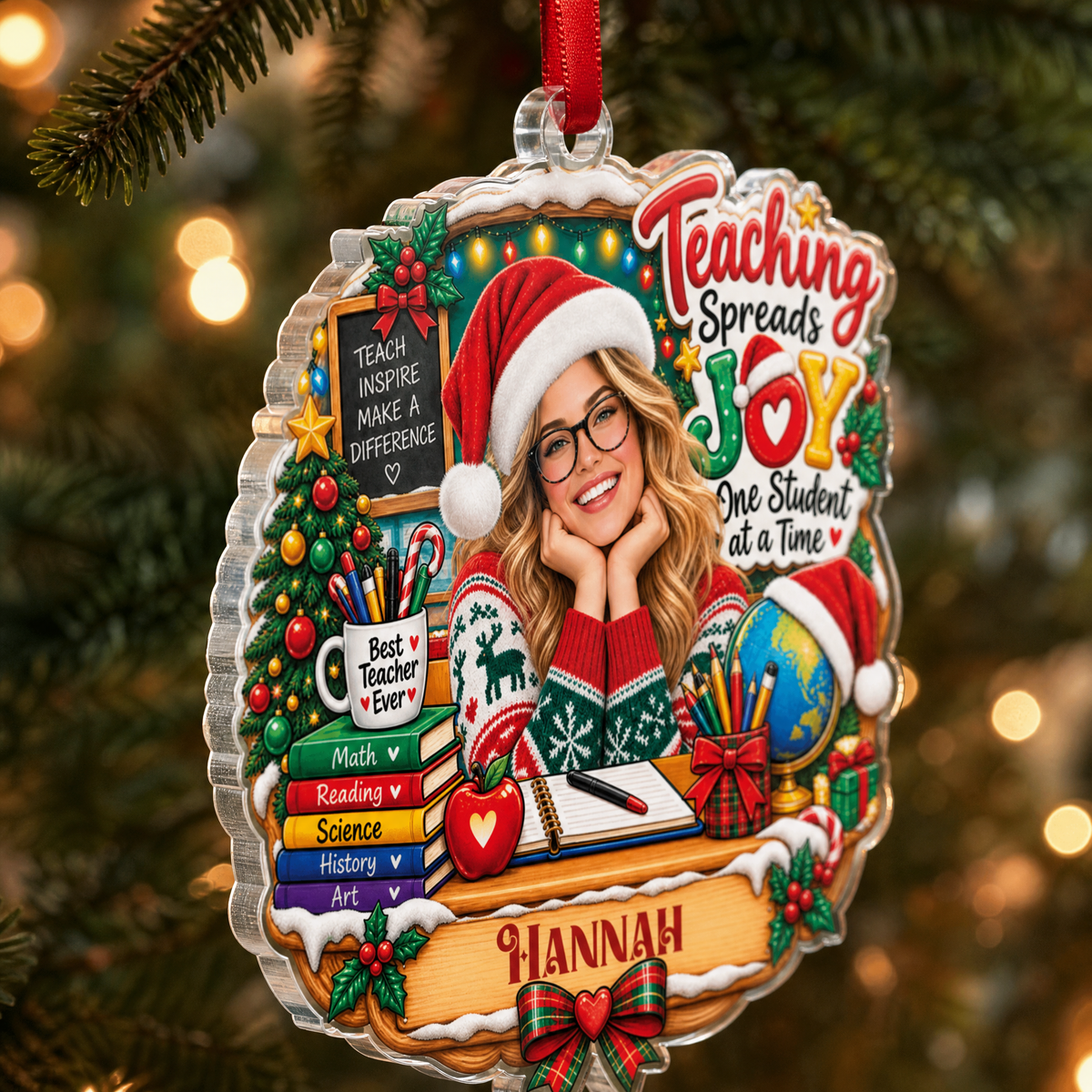 Personalized Teaching Spreads Joy Teacher Photo Acrylic Ornament, Custom Name School Educator Xmas Tree Hanging Decor Keepsake, Teacher Appreciation Holiday Gift