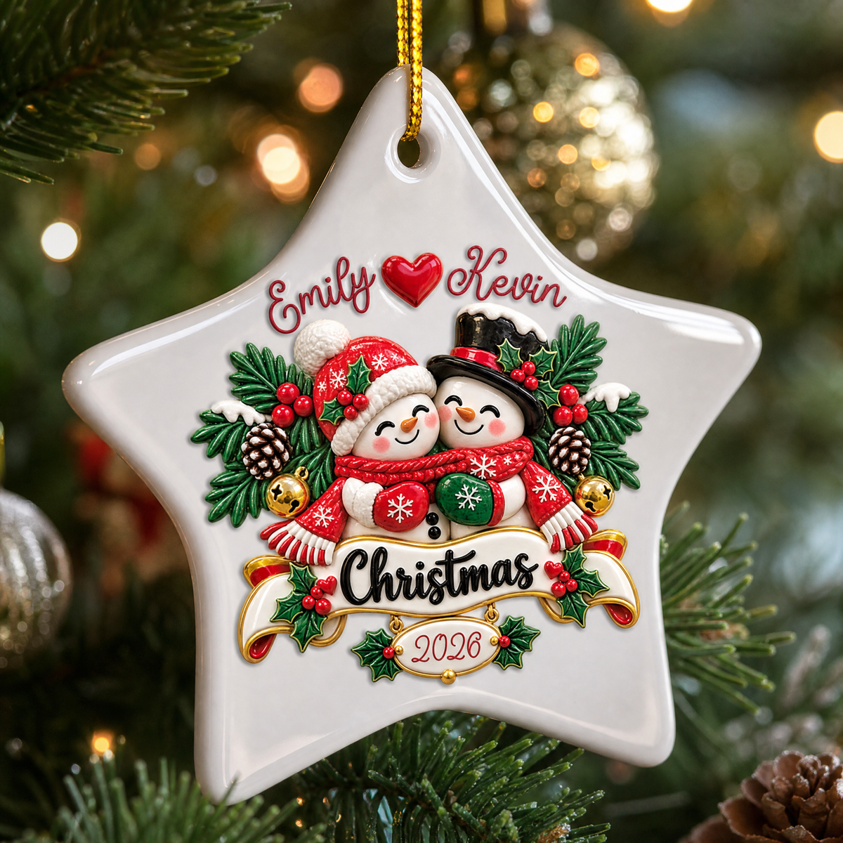 Personalized Couple Snowman Christmas Ceramic Star Ornament, Custom Name Year Xmas Tree Hanging Decor Keepsake, Romantic Holiday Gift for Couple