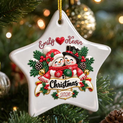 Personalized Couple Snowman Christmas Ceramic Star Ornament, Custom Name Year Xmas Tree Hanging Decor Keepsake, Romantic Holiday Gift for Couple
