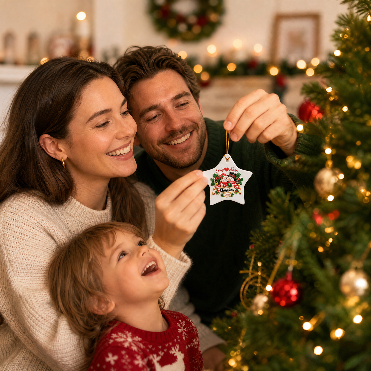 Personalized Couple Snowman Christmas Ceramic Star Ornament, Custom Name Year Xmas Tree Hanging Decor Keepsake, Romantic Holiday Gift for Couple
