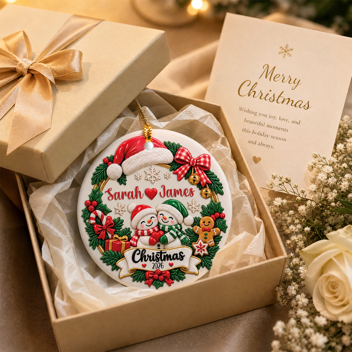 Personalized Couple Snowman Wreath Christmas Ceramic Ornament, Custom Name Year Xmas Tree Hanging Decor Keepsake, Romantic Couple Holiday Gift