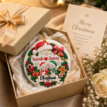 Personalized Couple Snowman Wreath Christmas Ceramic Ornament, Custom Name Year Xmas Tree Hanging Decor Keepsake, Romantic Couple Holiday Gift