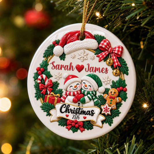 Personalized Couple Snowman Wreath Christmas Ceramic Ornament