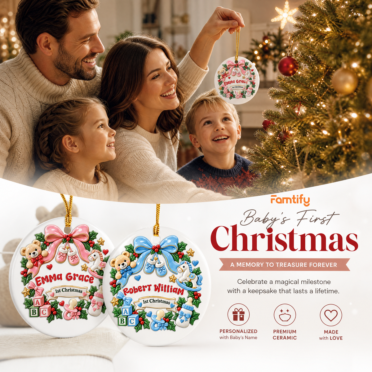 Personalized Baby's 1st Christmas ceramic ornament with custom name