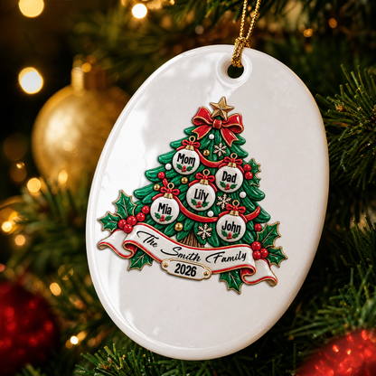 Personalized Christmas Tree Family Ceramic Oval Ornament, Custom Member Names Year Xmas Tree Hanging Decor Keepsake, Warm Holiday Gift for Family