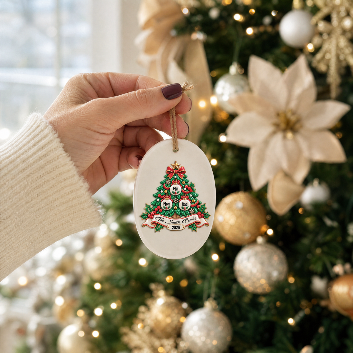 Personalized Christmas Tree Family Ceramic Oval Ornament, Custom Member Names Year Xmas Tree Hanging Decor Keepsake, Warm Holiday Gift for Family